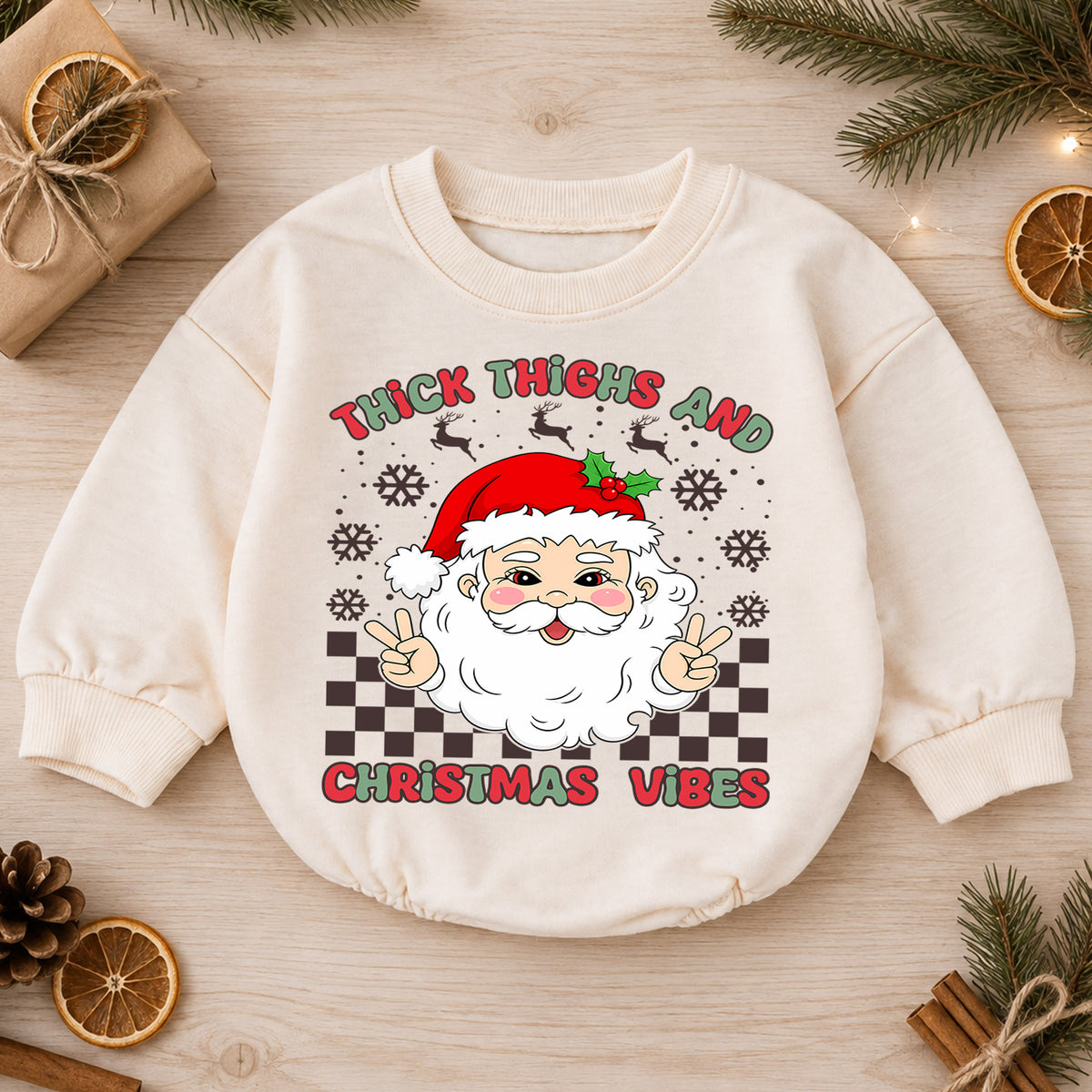 Thick Thighs Christmas Vibes Baby Romper, Funny Santa 1st Birthday Christmas Outfit, Cute Chunky Baby Holiday Romper, Toddler Xmas Gift — product view 1