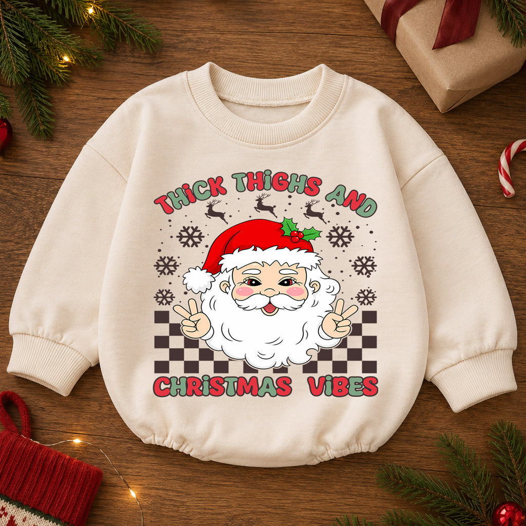 Thick Thighs Christmas Vibes Baby Romper, Funny Santa 1st Birthday Christmas Outfit, Cute Chunky Baby Holiday Romper, Toddler Xmas Gift — product view 2