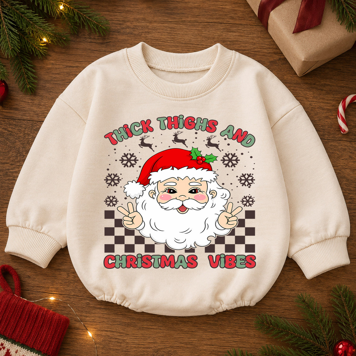Thick Thighs Christmas Vibes Baby Romper, Funny Santa 1st Birthday Christmas Outfit, Cute Chunky Baby Holiday Romper, Toddler Xmas Gift — product view 2