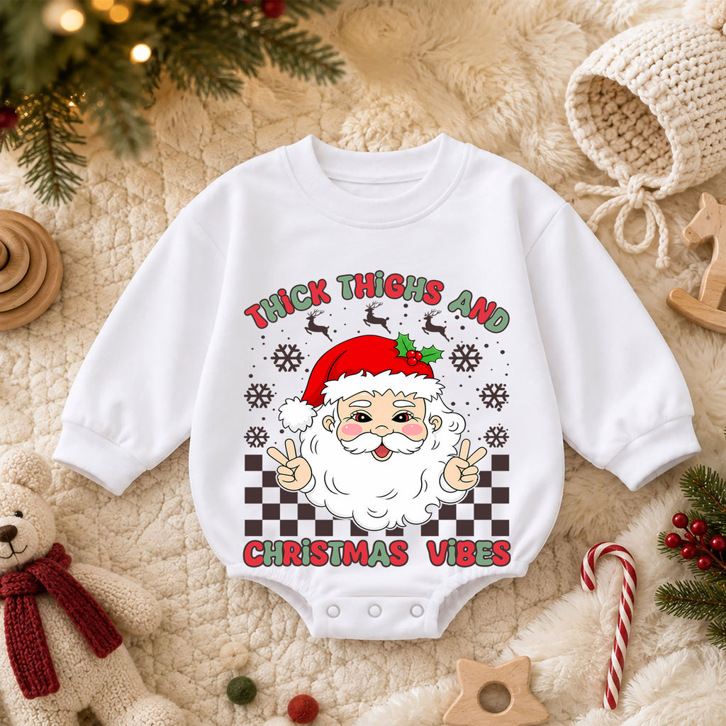 Thick Thighs Christmas Vibes Baby Romper, Funny Santa 1st Birthday Christmas Outfit, Cute Chunky Baby Holiday Romper, Toddler Xmas Gift — product view 3