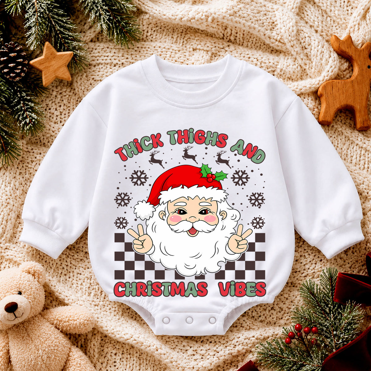 Thick Thighs Christmas Vibes Baby Romper, Funny Santa 1st Birthday Christmas Outfit, Cute Chunky Baby Holiday Romper, Toddler Xmas Gift — product view 4