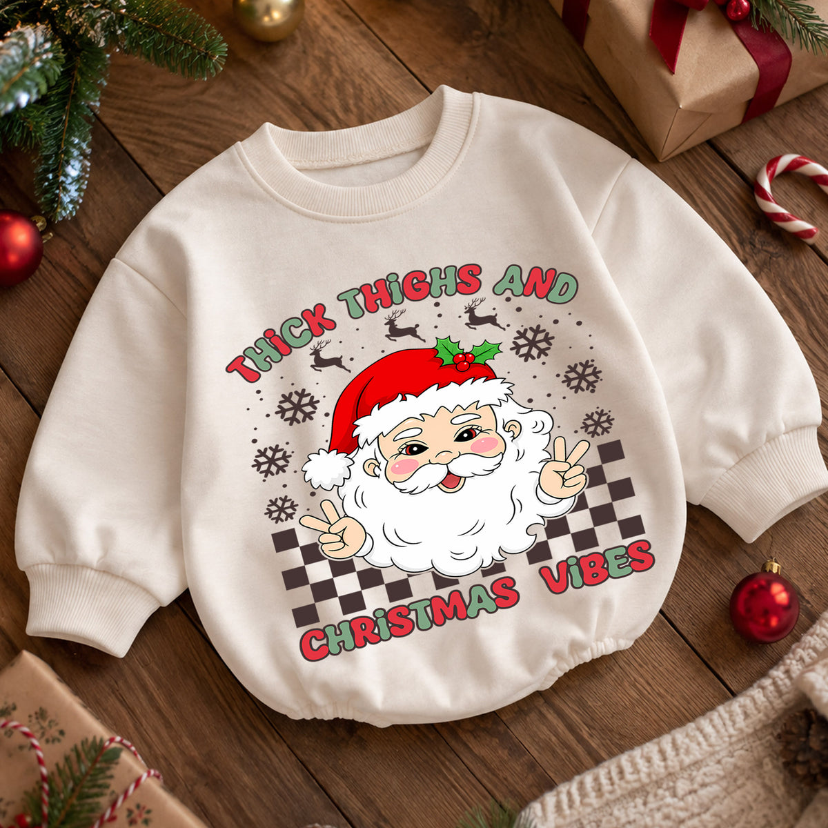 Thick Thighs Christmas Vibes Baby Romper, Funny Santa 1st Birthday Christmas Outfit, Cute Chunky Baby Holiday Romper, Toddler Xmas Gift — product view 5