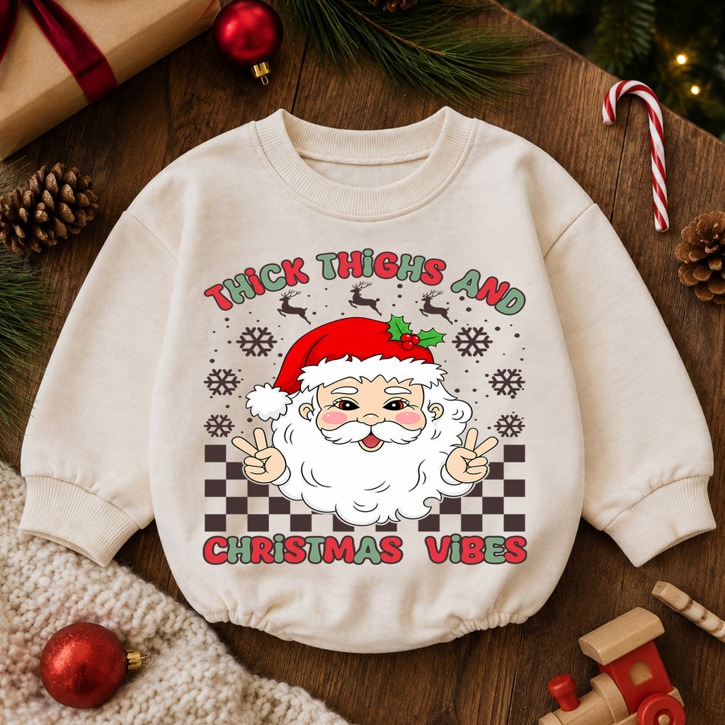 Thick Thighs Christmas Vibes Baby Romper, Funny Santa 1st Birthday Christmas Outfit, Cute Chunky Baby Holiday Romper, Toddler Xmas Gift — product view 6