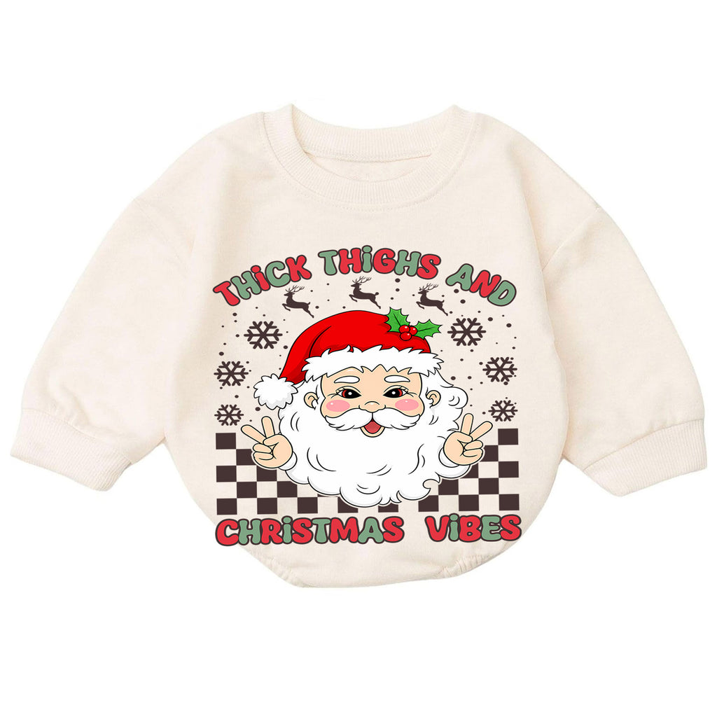 Thick Thighs Christmas Vibes Baby Romper, Funny Santa 1st Birthday Christmas Outfit, Cute Chunky Baby Holiday Romper, Toddler Xmas Gift — product view 7
