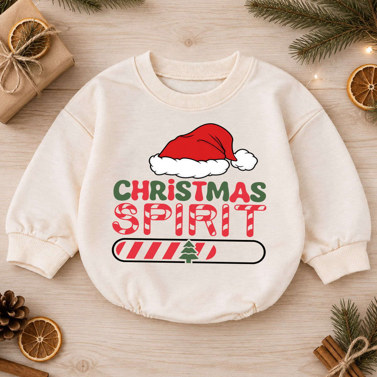 Christmas Spirit Loading Baby Romper, Funny Holiday Toddler Romper, Santa Hat 1st Birthday Christmas Outfit, Cute Xmas Gift for Baby — product view 1