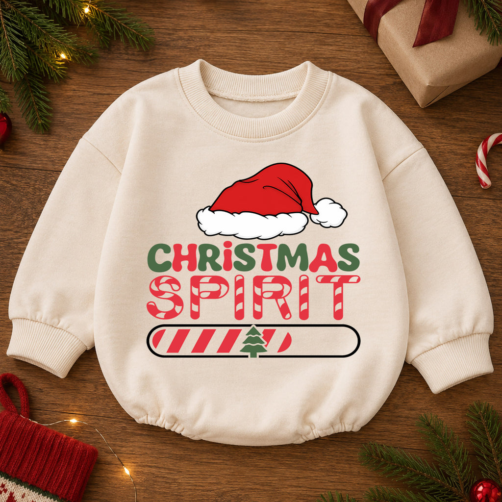 Christmas Spirit Loading Baby Romper, Funny Holiday Toddler Romper, Santa Hat 1st Birthday Christmas Outfit, Cute Xmas Gift for Baby — product view 2
