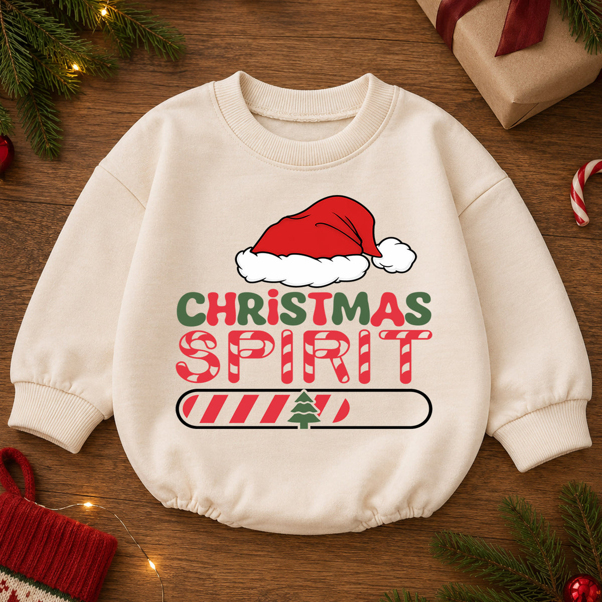 Christmas Spirit Loading Baby Romper, Funny Holiday Toddler Romper, Santa Hat 1st Birthday Christmas Outfit, Cute Xmas Gift for Baby — product view 2