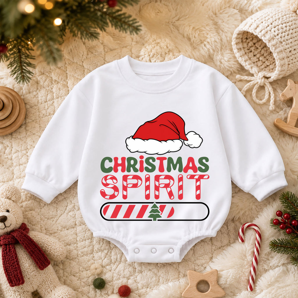 Christmas Spirit Loading Baby Romper, Funny Holiday Toddler Romper, Santa Hat 1st Birthday Christmas Outfit, Cute Xmas Gift for Baby — product view 3