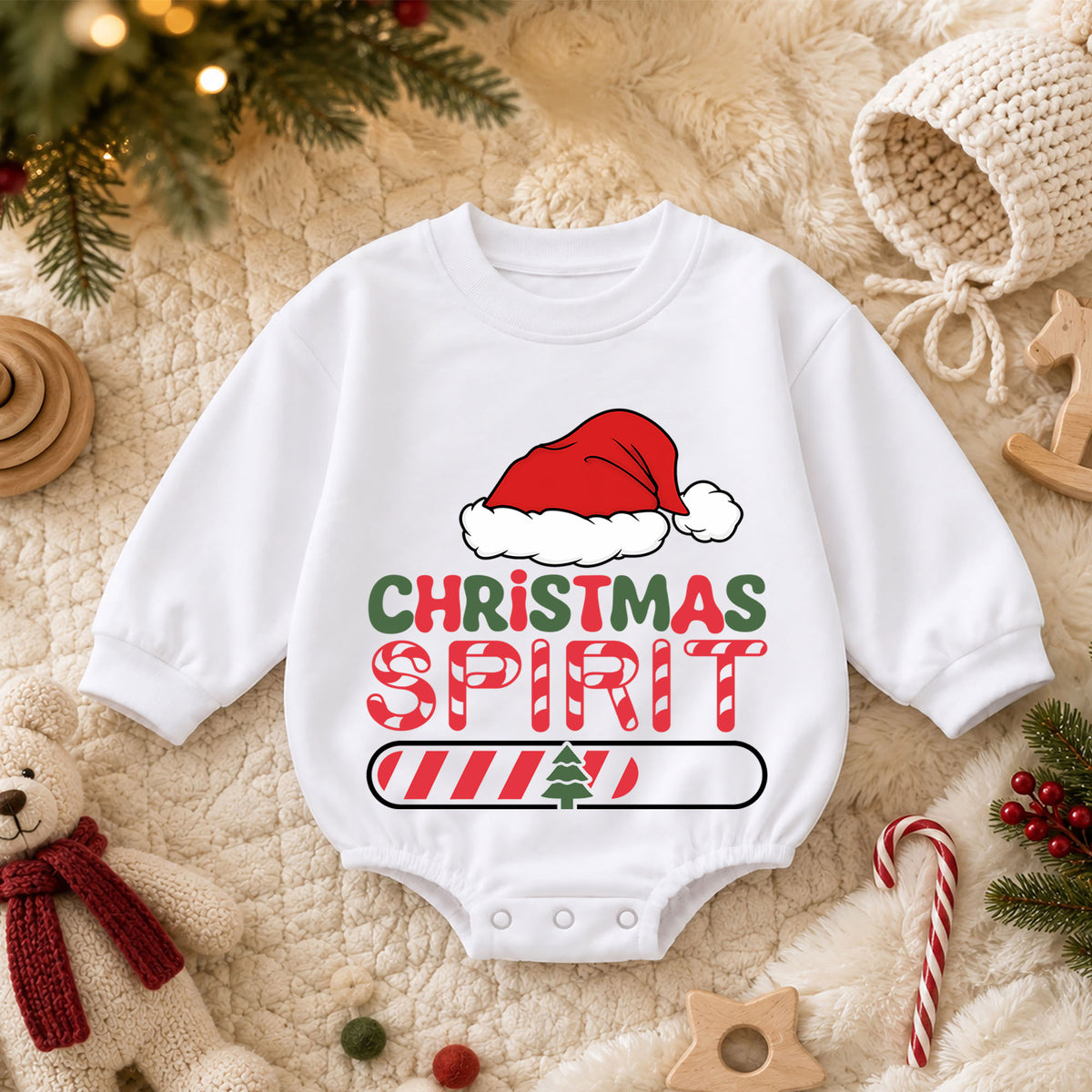 Christmas Spirit Loading Baby Romper, Funny Holiday Toddler Romper, Santa Hat 1st Birthday Christmas Outfit, Cute Xmas Gift for Baby — product view 3