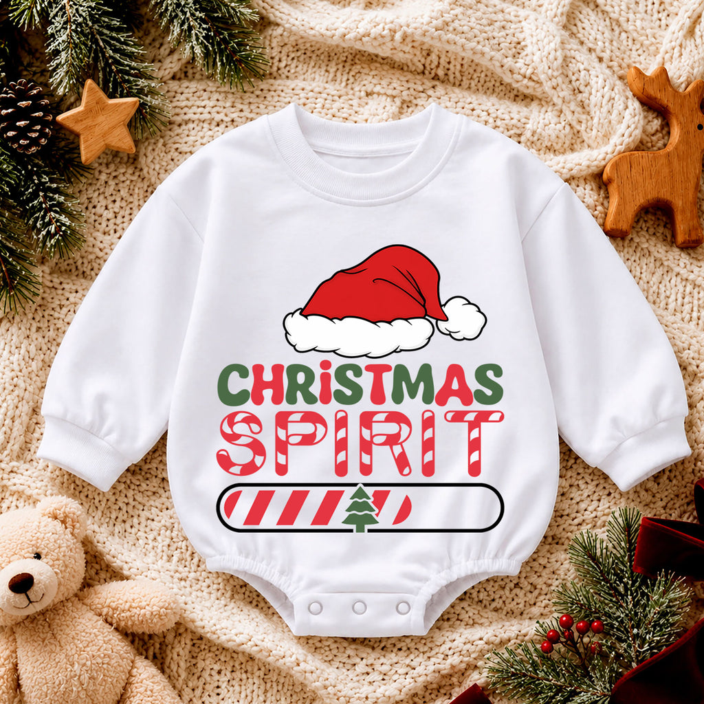 Christmas Spirit Loading Baby Romper, Funny Holiday Toddler Romper, Santa Hat 1st Birthday Christmas Outfit, Cute Xmas Gift for Baby — product view 4