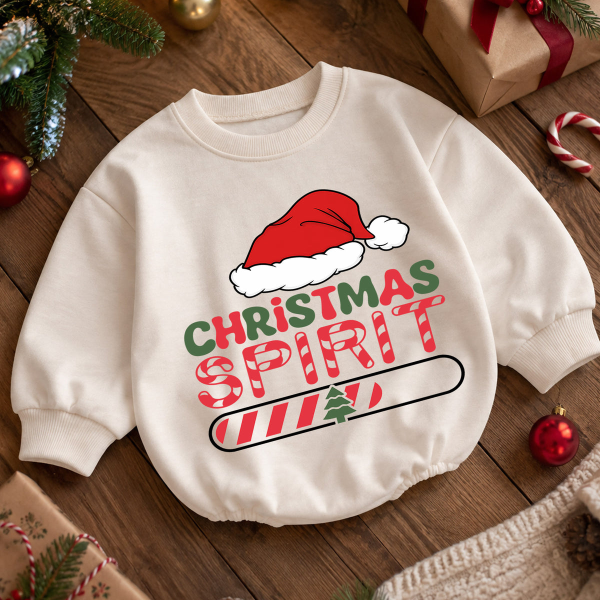 Christmas Spirit Loading Baby Romper, Funny Holiday Toddler Romper, Santa Hat 1st Birthday Christmas Outfit, Cute Xmas Gift for Baby — product view 5