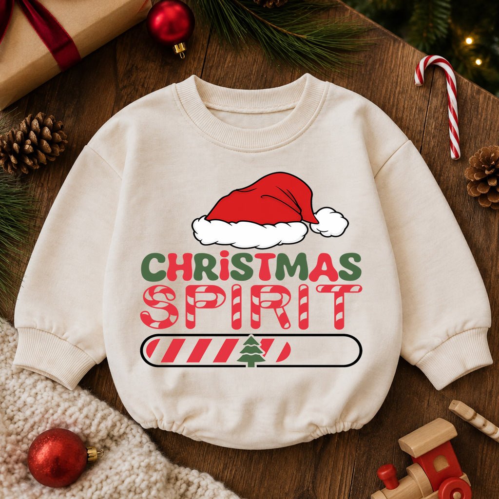 Christmas Spirit Loading Baby Romper, Funny Holiday Toddler Romper, Santa Hat 1st Birthday Christmas Outfit, Cute Xmas Gift for Baby — product view 6