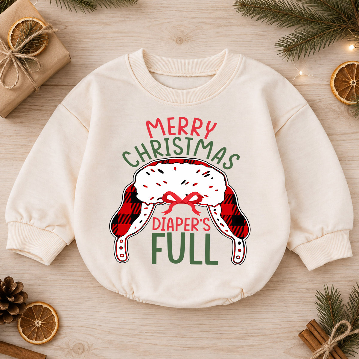 Merry Christmas Diapers Full Baby Romper, Funny Baby 1st Birthday Christmas Outfit, Holiday Diaper Humor Romper, Cute Toddler Xmas Gift — product view 1