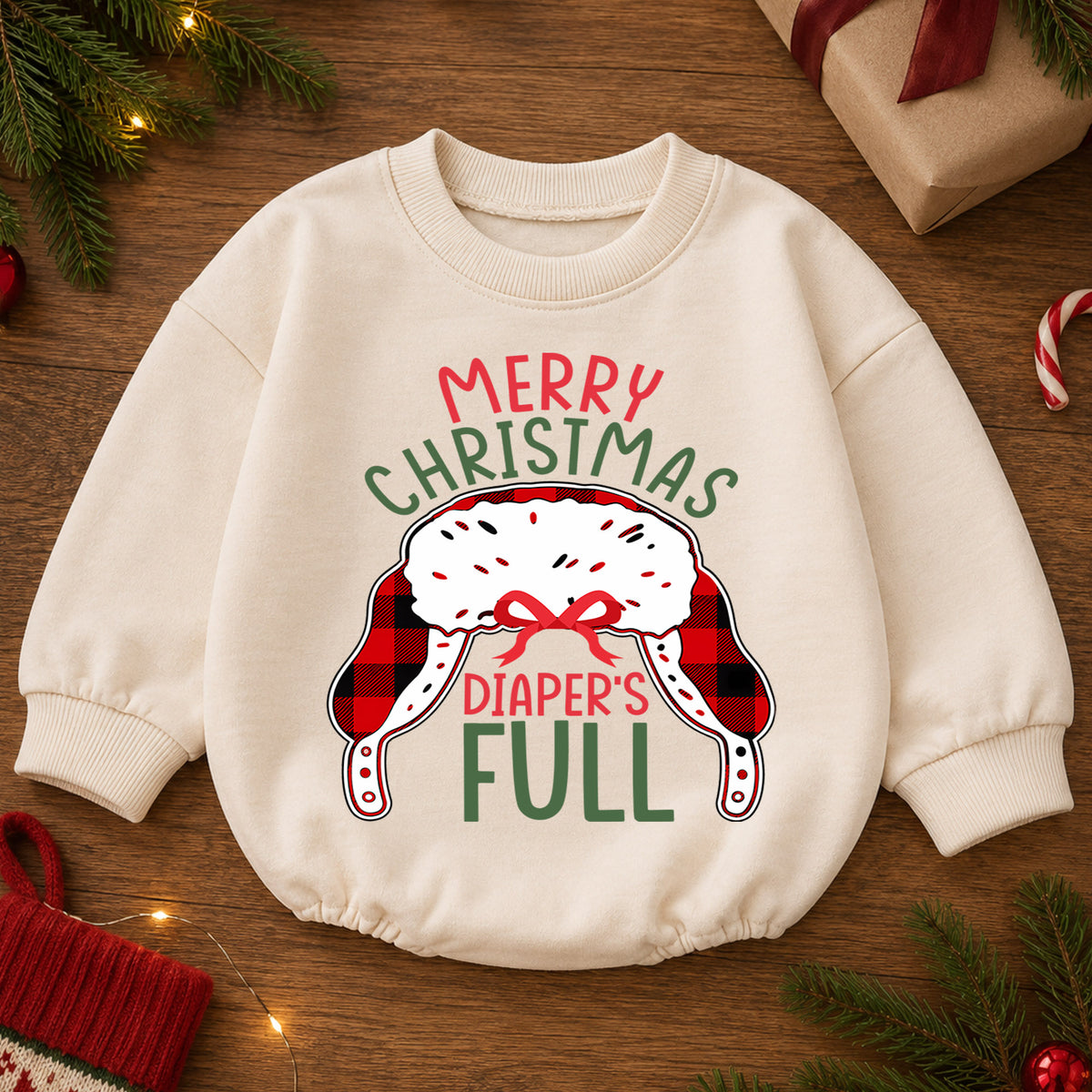 Merry Christmas Diapers Full Baby Romper, Funny Baby 1st Birthday Christmas Outfit, Holiday Diaper Humor Romper, Cute Toddler Xmas Gift — product view 2