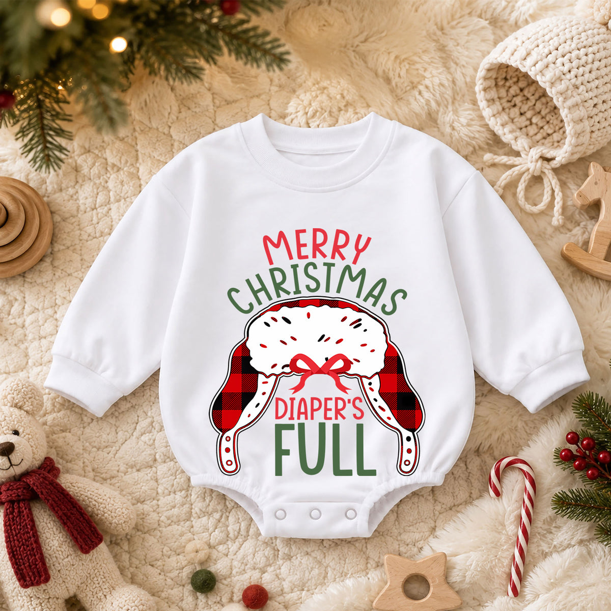 Merry Christmas Diapers Full Baby Romper, Funny Baby 1st Birthday Christmas Outfit, Holiday Diaper Humor Romper, Cute Toddler Xmas Gift — product view 3