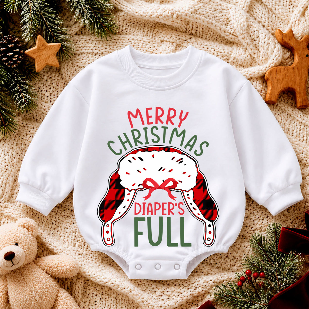 Merry Christmas Diapers Full Baby Romper, Funny Baby 1st Birthday Christmas Outfit, Holiday Diaper Humor Romper, Cute Toddler Xmas Gift — product view 4