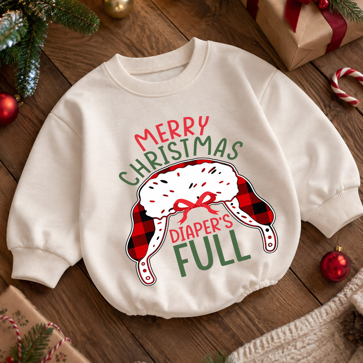 Merry Christmas Diapers Full Baby Romper, Funny Baby 1st Birthday Christmas Outfit, Holiday Diaper Humor Romper, Cute Toddler Xmas Gift — product view 5