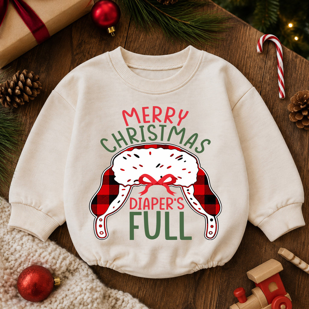 Merry Christmas Diapers Full Baby Romper, Funny Baby 1st Birthday Christmas Outfit, Holiday Diaper Humor Romper, Cute Toddler Xmas Gift — product view 6