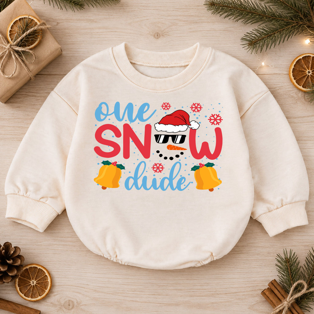 One Snow Dude Baby Romper, Cute Snowman 1st Christmas Outfit, Winter 1st Birthday Romper, Holiday Baby Gift for Christmas Photos — product view 1