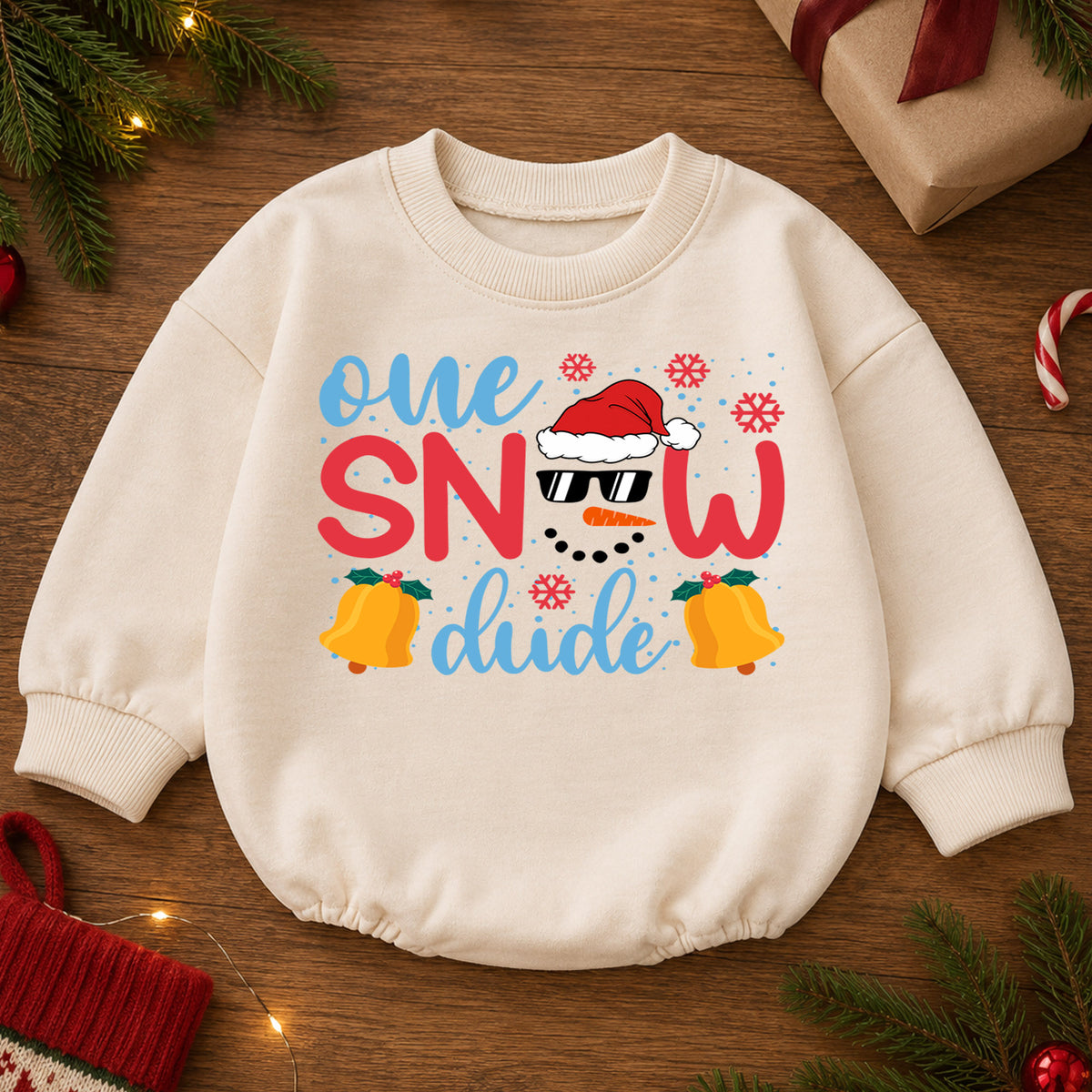 One Snow Dude Baby Romper, Cute Snowman 1st Christmas Outfit, Winter 1st Birthday Romper, Holiday Baby Gift for Christmas Photos — product view 2