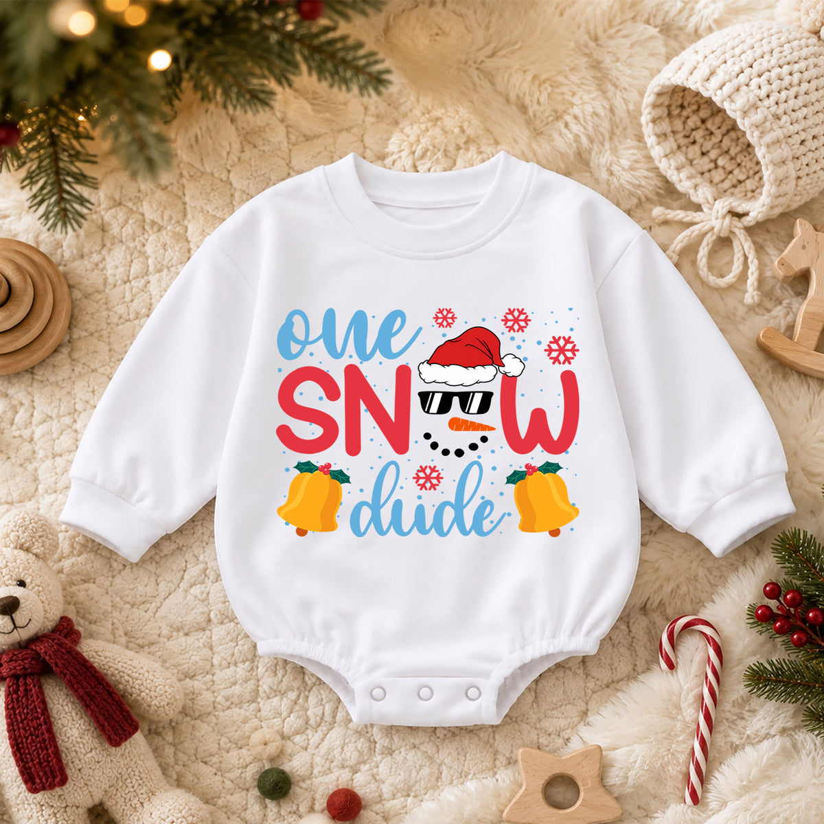 One Snow Dude Baby Romper, Cute Snowman 1st Christmas Outfit, Winter 1st Birthday Romper, Holiday Baby Gift for Christmas Photos — product view 3