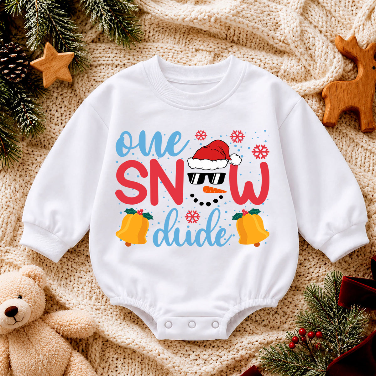 One Snow Dude Baby Romper, Cute Snowman 1st Christmas Outfit, Winter 1st Birthday Romper, Holiday Baby Gift for Christmas Photos — product view 4