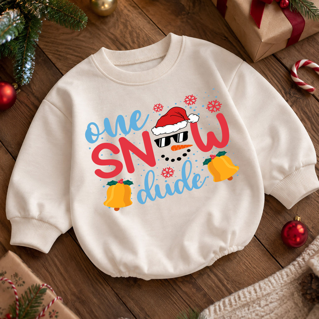 One Snow Dude Baby Romper, Cute Snowman 1st Christmas Outfit, Winter 1st Birthday Romper, Holiday Baby Gift for Christmas Photos — product view 5