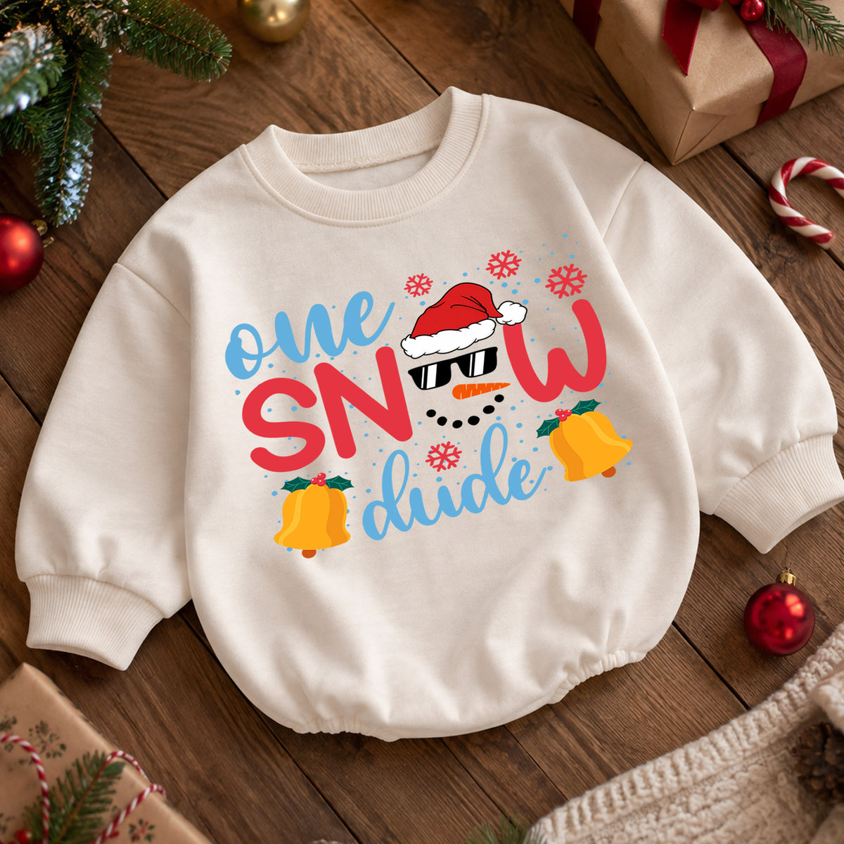 One Snow Dude Baby Romper, Cute Snowman 1st Christmas Outfit, Winter 1st Birthday Romper, Holiday Baby Gift for Christmas Photos — product view 5