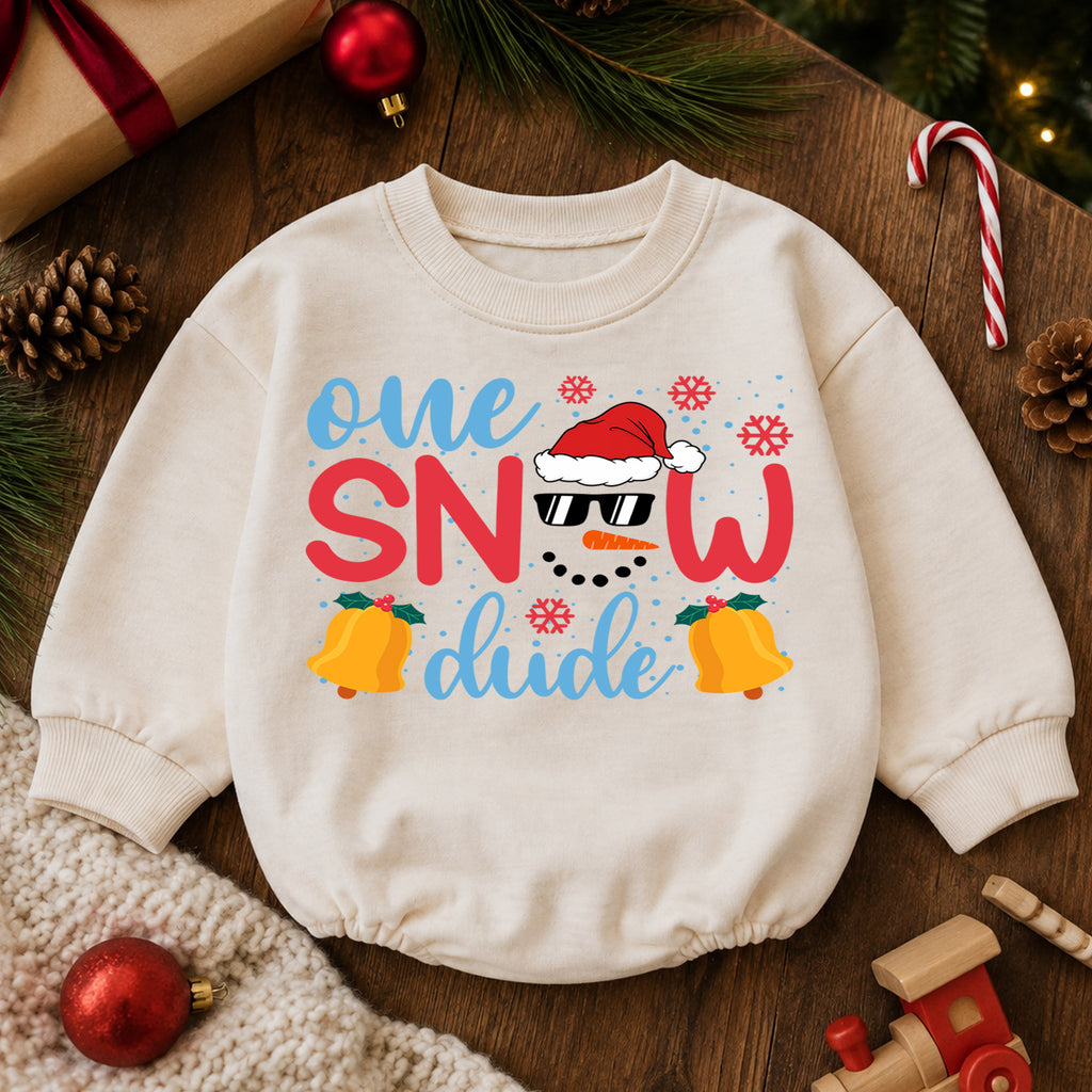 One Snow Dude Baby Romper, Cute Snowman 1st Christmas Outfit, Winter 1st Birthday Romper, Holiday Baby Gift for Christmas Photos — product view 6