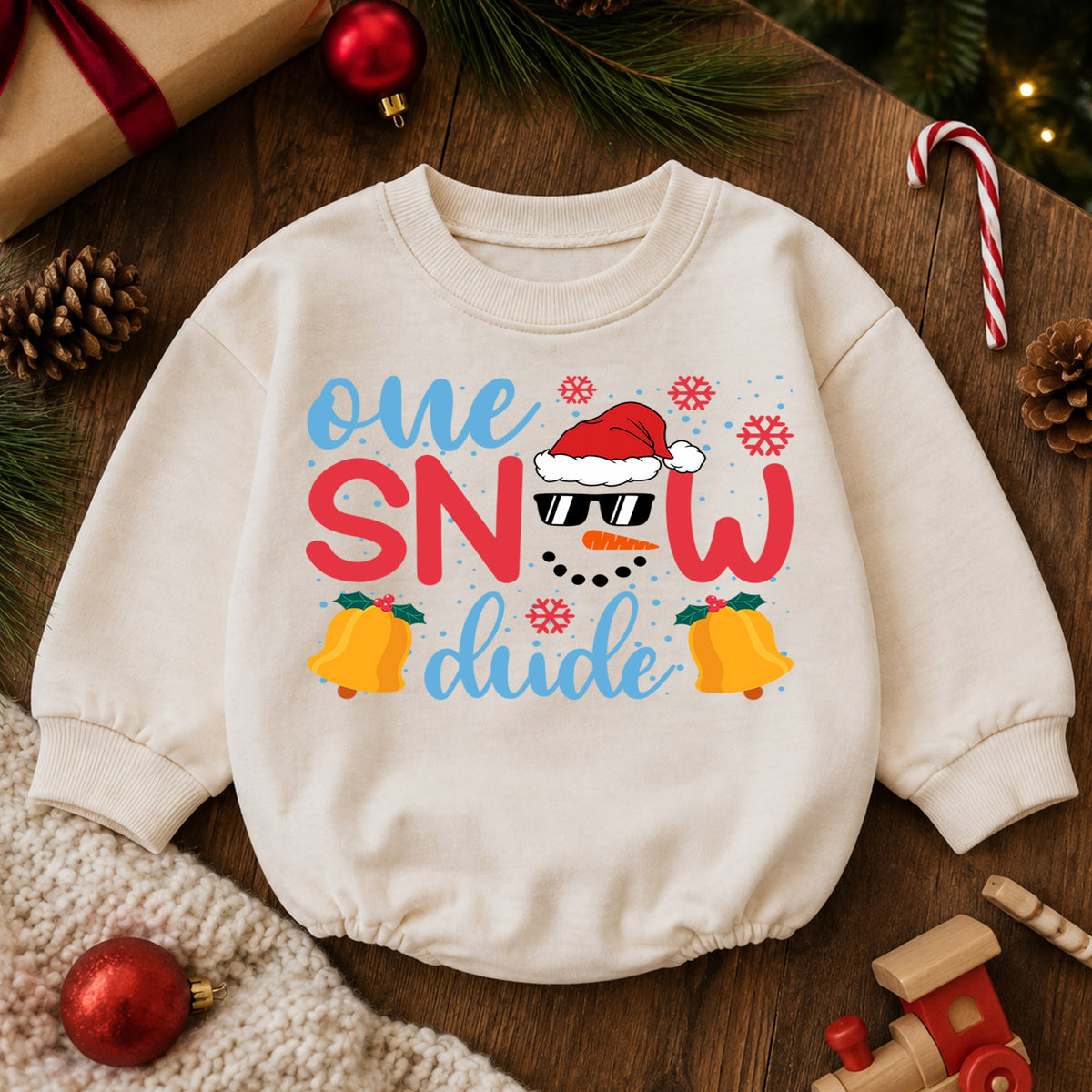 One Snow Dude Baby Romper, Cute Snowman 1st Christmas Outfit, Winter 1st Birthday Romper, Holiday Baby Gift for Christmas Photos — product view 6