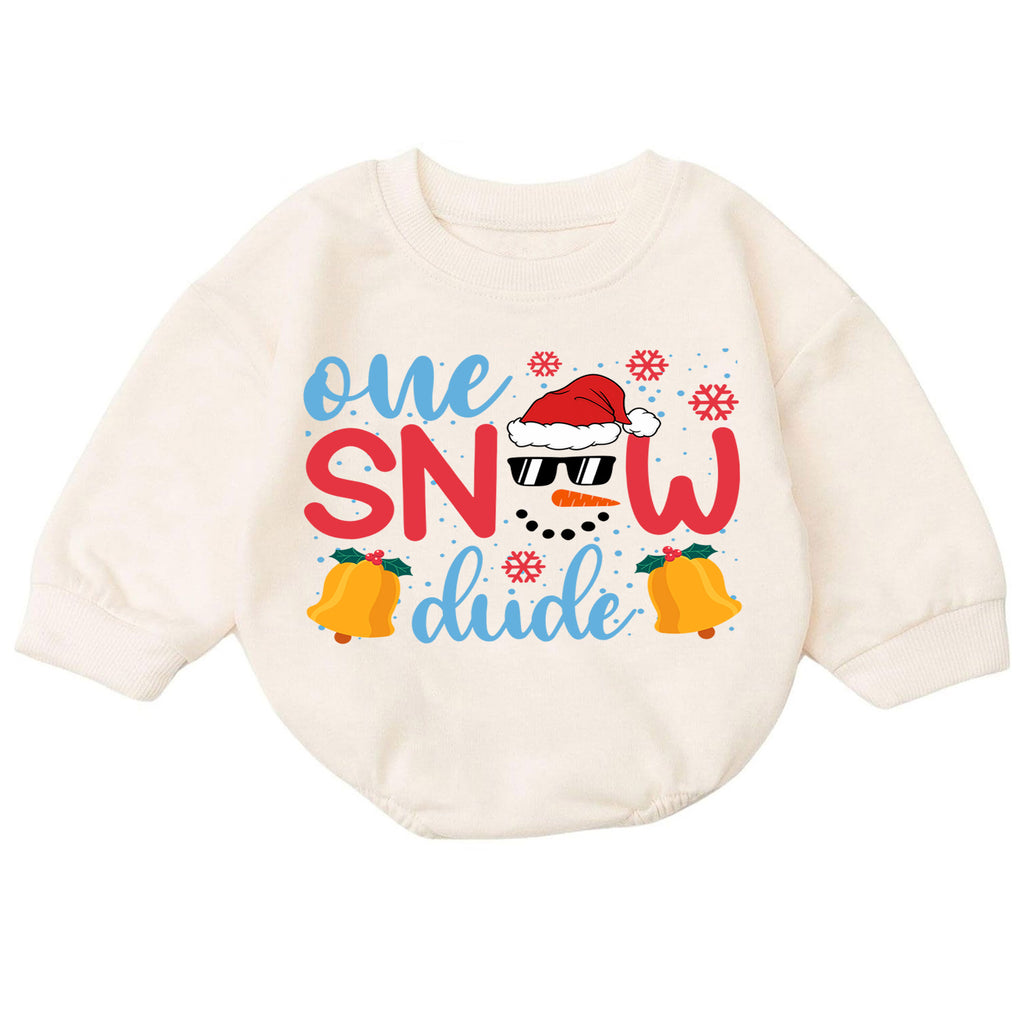 One Snow Dude Baby Romper, Cute Snowman 1st Christmas Outfit, Winter 1st Birthday Romper, Holiday Baby Gift for Christmas Photos — product view 7