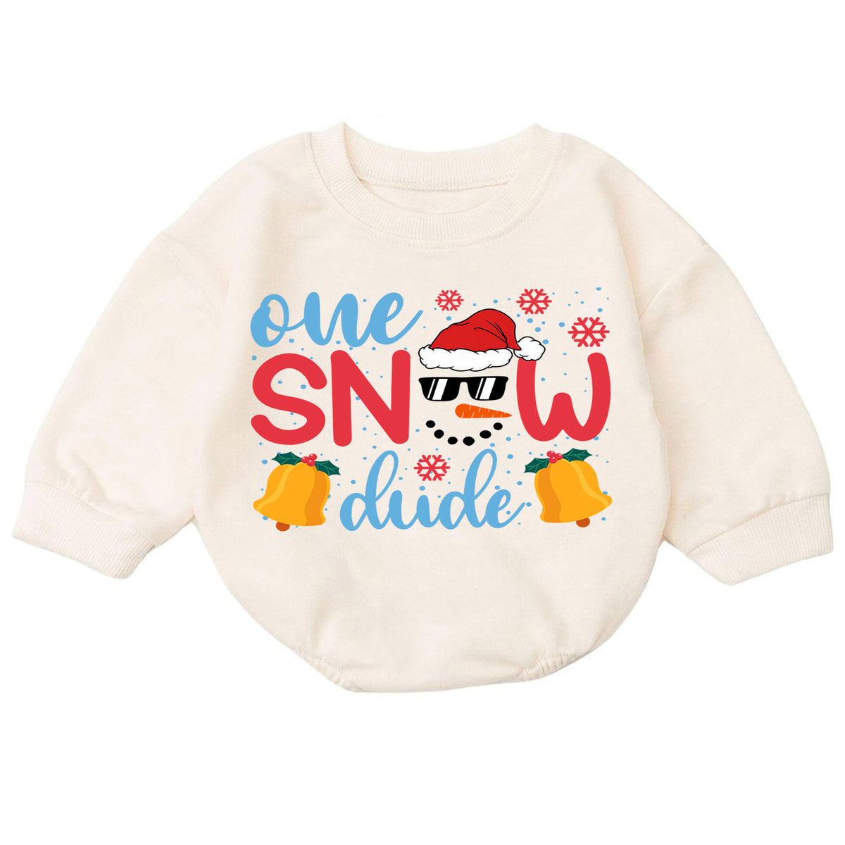 One Snow Dude Baby Romper, Cute Snowman 1st Christmas Outfit, Winter 1st Birthday Romper, Holiday Baby Gift for Christmas Photos — product view 7