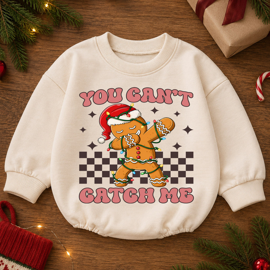 You Can't Catch Me Gingerbread Romper, Funny Cookie 1st Christmas Outfit, Baby 1st Birthday Holiday Romper, Christmas Keepsake Gift — product view 2