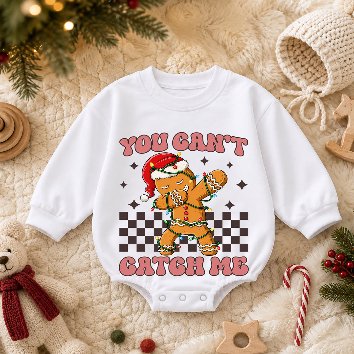 You Can't Catch Me Gingerbread Romper, Funny Cookie 1st Christmas Outfit, Baby 1st Birthday Holiday Romper, Christmas Keepsake Gift — product view 3
