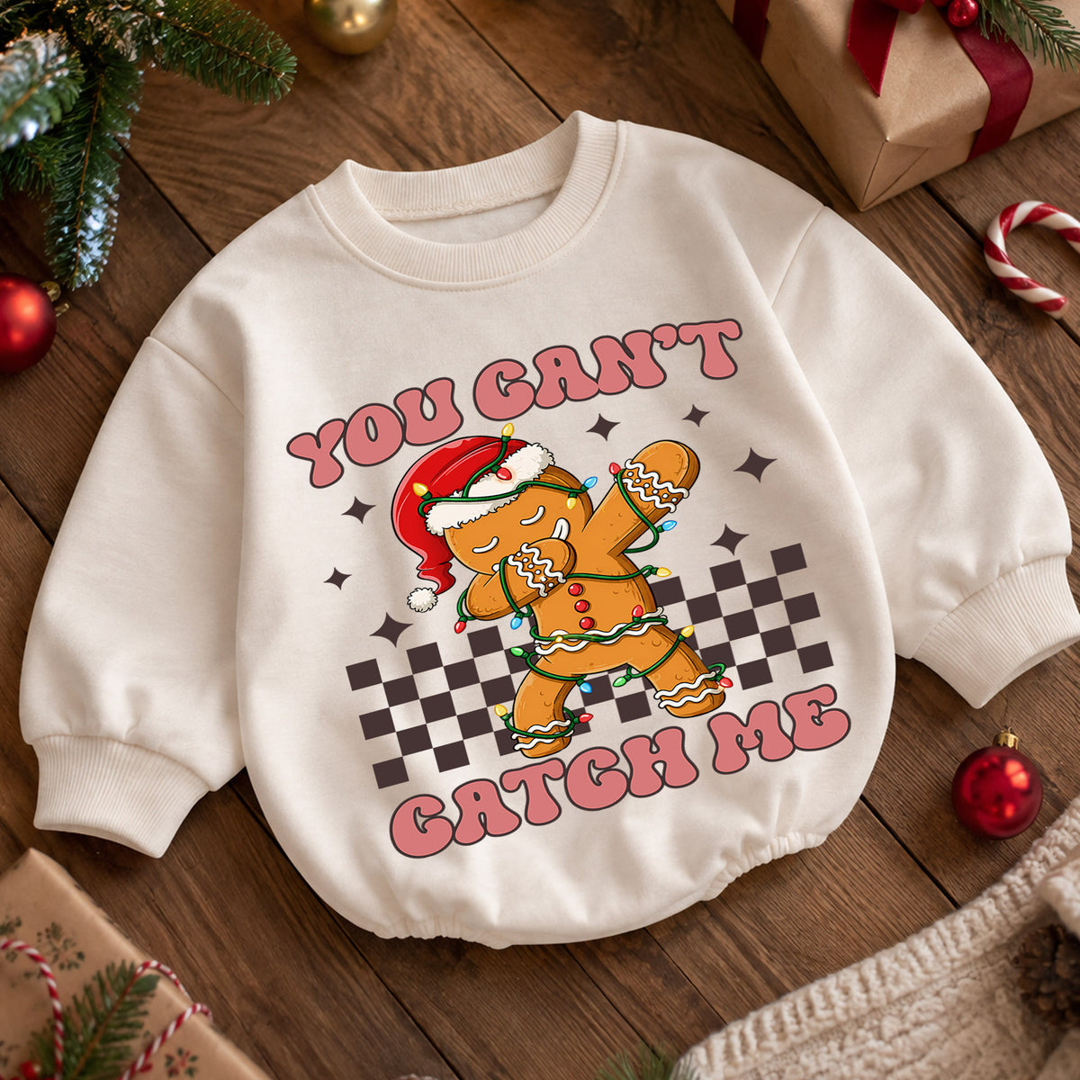 You Can't Catch Me Gingerbread Romper, Funny Cookie 1st Christmas Outfit, Baby 1st Birthday Holiday Romper, Christmas Keepsake Gift — product view 5