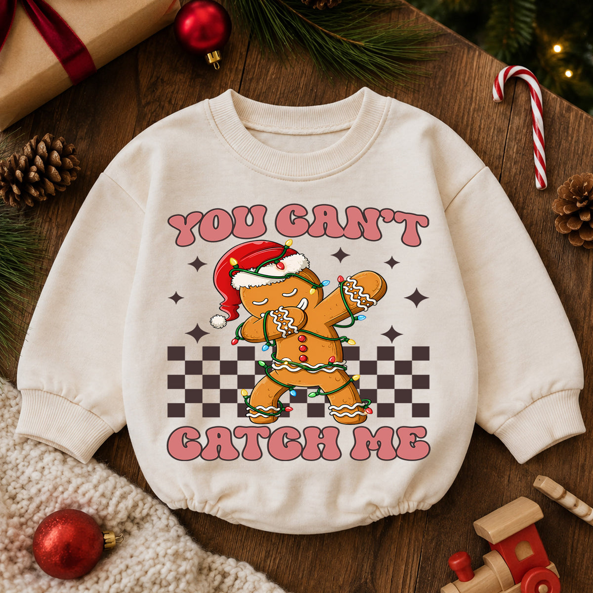 You Can't Catch Me Gingerbread Romper, Funny Cookie 1st Christmas Outfit, Baby 1st Birthday Holiday Romper, Christmas Keepsake Gift — product view 6