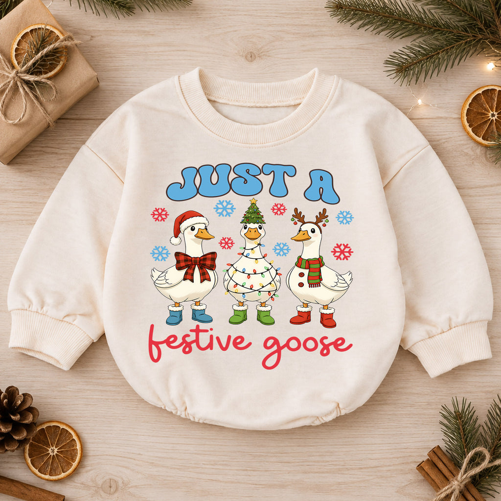 Just a Festive Goose Baby Romper, Funny Goose 1st Christmas Outfit, Farm Theme 1st Birthday Romper, Holiday Gift for Baby or Toddler — product view 1