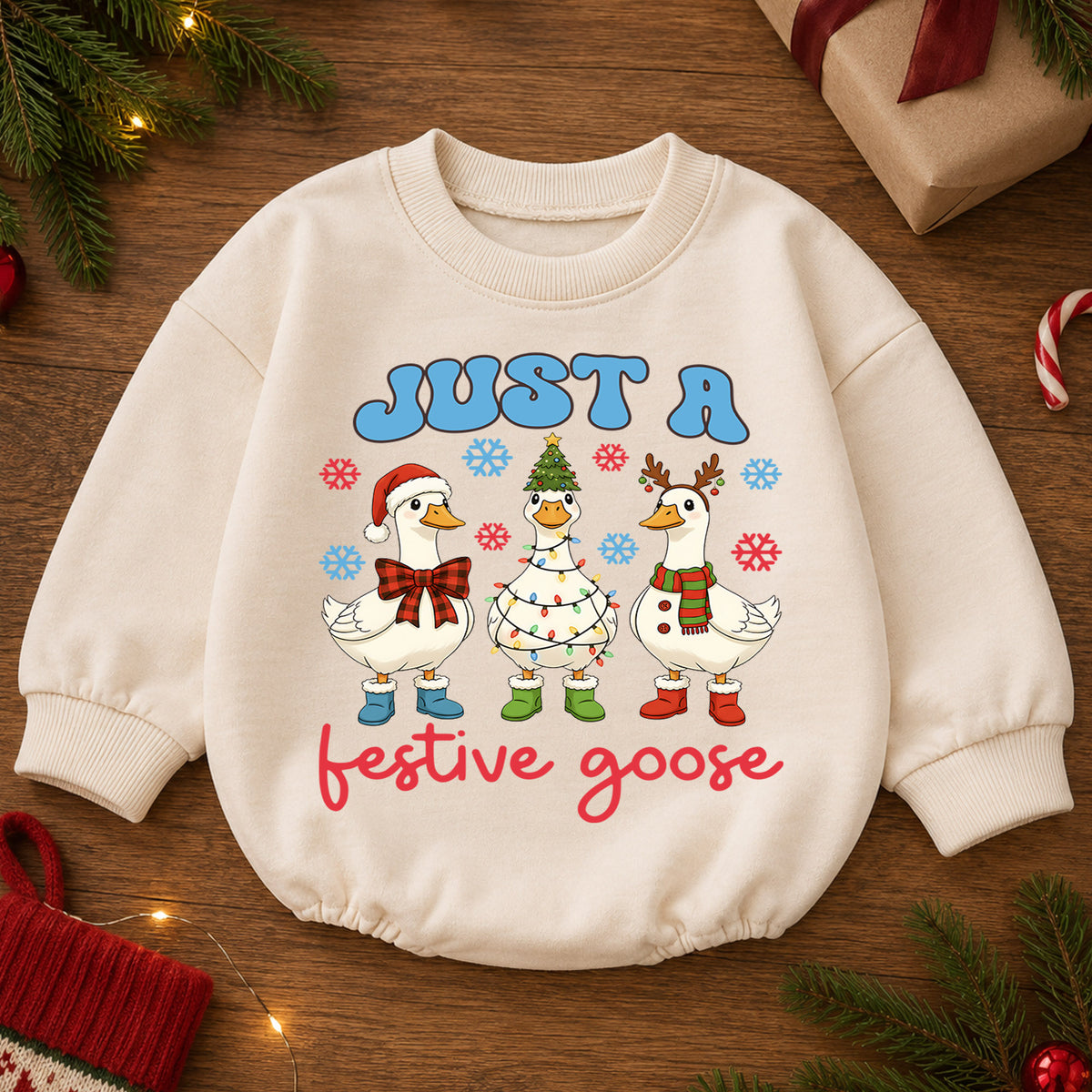 Just a Festive Goose Baby Romper, Funny Goose 1st Christmas Outfit, Farm Theme 1st Birthday Romper, Holiday Gift for Baby or Toddler — product view 2