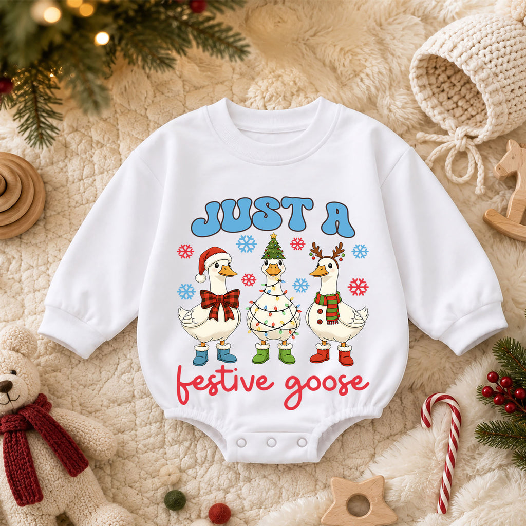 Just a Festive Goose Baby Romper, Funny Goose 1st Christmas Outfit, Farm Theme 1st Birthday Romper, Holiday Gift for Baby or Toddler — product view 3