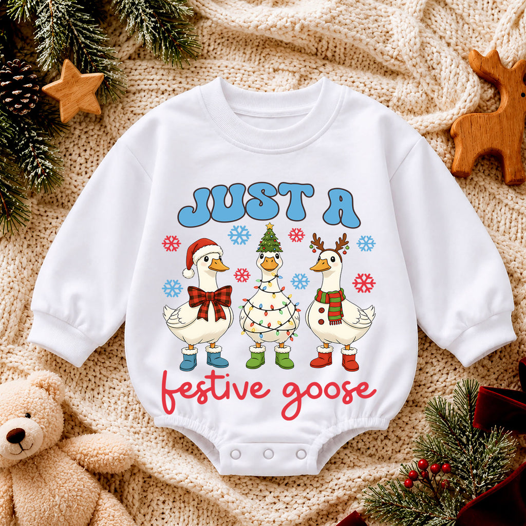 Just a Festive Goose Baby Romper, Funny Goose 1st Christmas Outfit, Farm Theme 1st Birthday Romper, Holiday Gift for Baby or Toddler — product view 4
