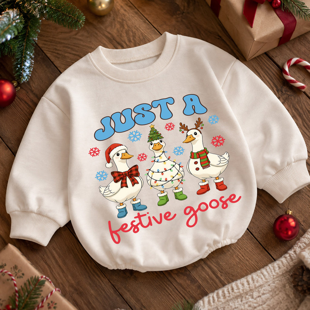 Just a Festive Goose Baby Romper, Funny Goose 1st Christmas Outfit, Farm Theme 1st Birthday Romper, Holiday Gift for Baby or Toddler — product view 5