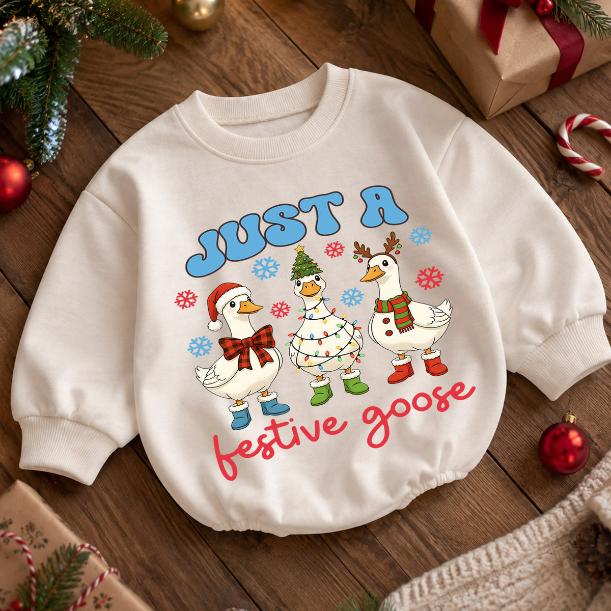 Just a Festive Goose Baby Romper, Funny Goose 1st Christmas Outfit, Farm Theme 1st Birthday Romper, Holiday Gift for Baby or Toddler — product view 5