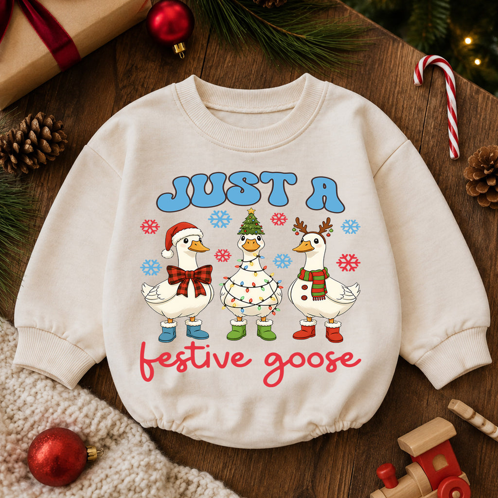 Just a Festive Goose Baby Romper, Funny Goose 1st Christmas Outfit, Farm Theme 1st Birthday Romper, Holiday Gift for Baby or Toddler — product view 6