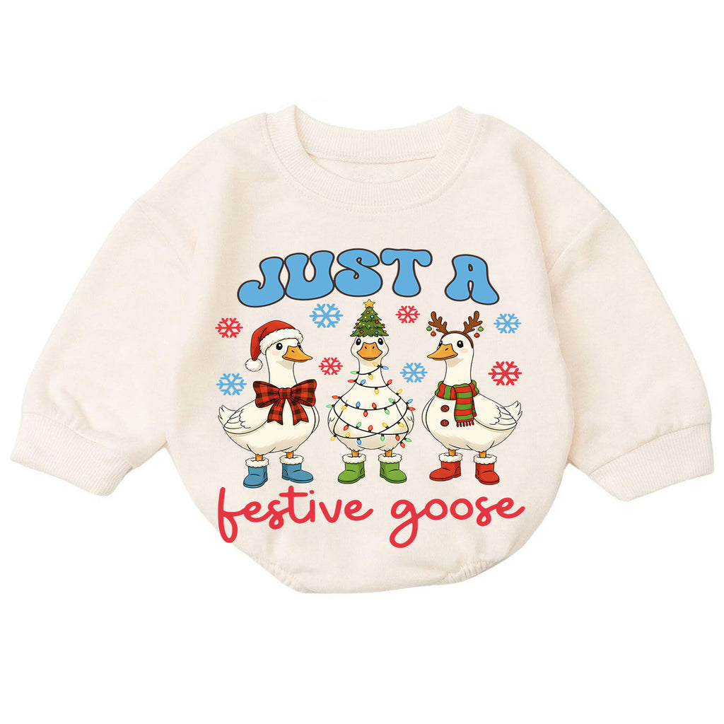 Just a Festive Goose Baby Romper, Funny Goose 1st Christmas Outfit, Farm Theme 1st Birthday Romper, Holiday Gift for Baby or Toddler — product view 7
