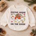Festive Goose Baby Romper, Funny Christmas Goose Outfit, Holiday Romper for Toddler, Goose on the Loose Baby Xmas Gift — product view 1