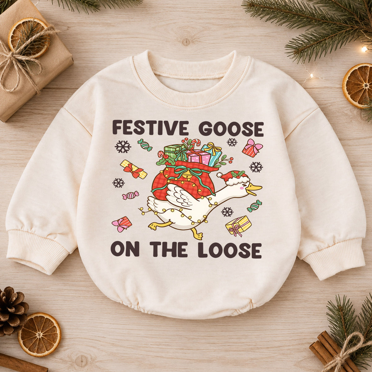 Festive Goose Baby Romper, Funny Christmas Goose Outfit, Holiday Romper for Toddler, Goose on the Loose Baby Xmas Gift — product view 1