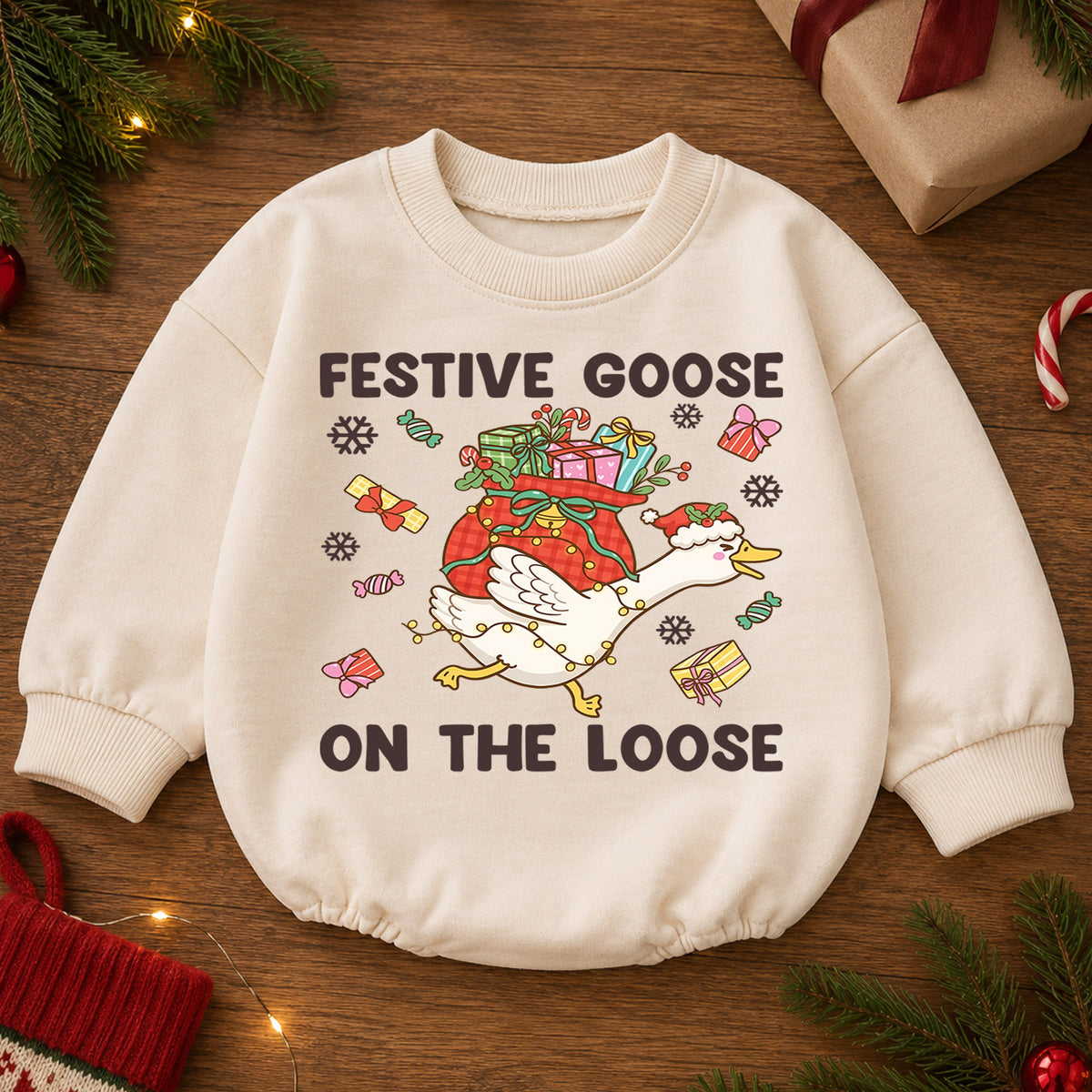 Festive Goose Baby Romper, Funny Christmas Goose Outfit, Holiday Romper for Toddler, Goose on the Loose Baby Xmas Gift — product view 2