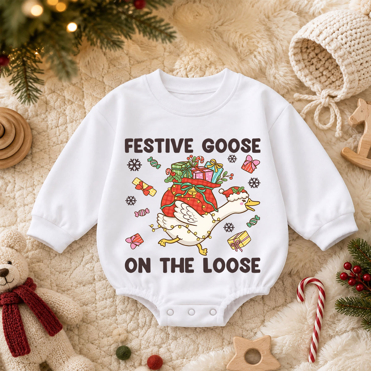 Festive Goose Baby Romper, Funny Christmas Goose Outfit, Holiday Romper for Toddler, Goose on the Loose Baby Xmas Gift — product view 3