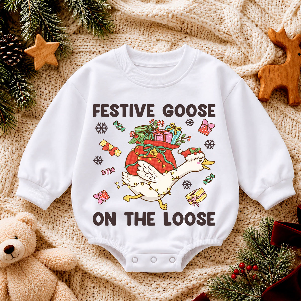 Festive Goose Baby Romper, Funny Christmas Goose Outfit, Holiday Romper for Toddler, Goose on the Loose Baby Xmas Gift — product view 4
