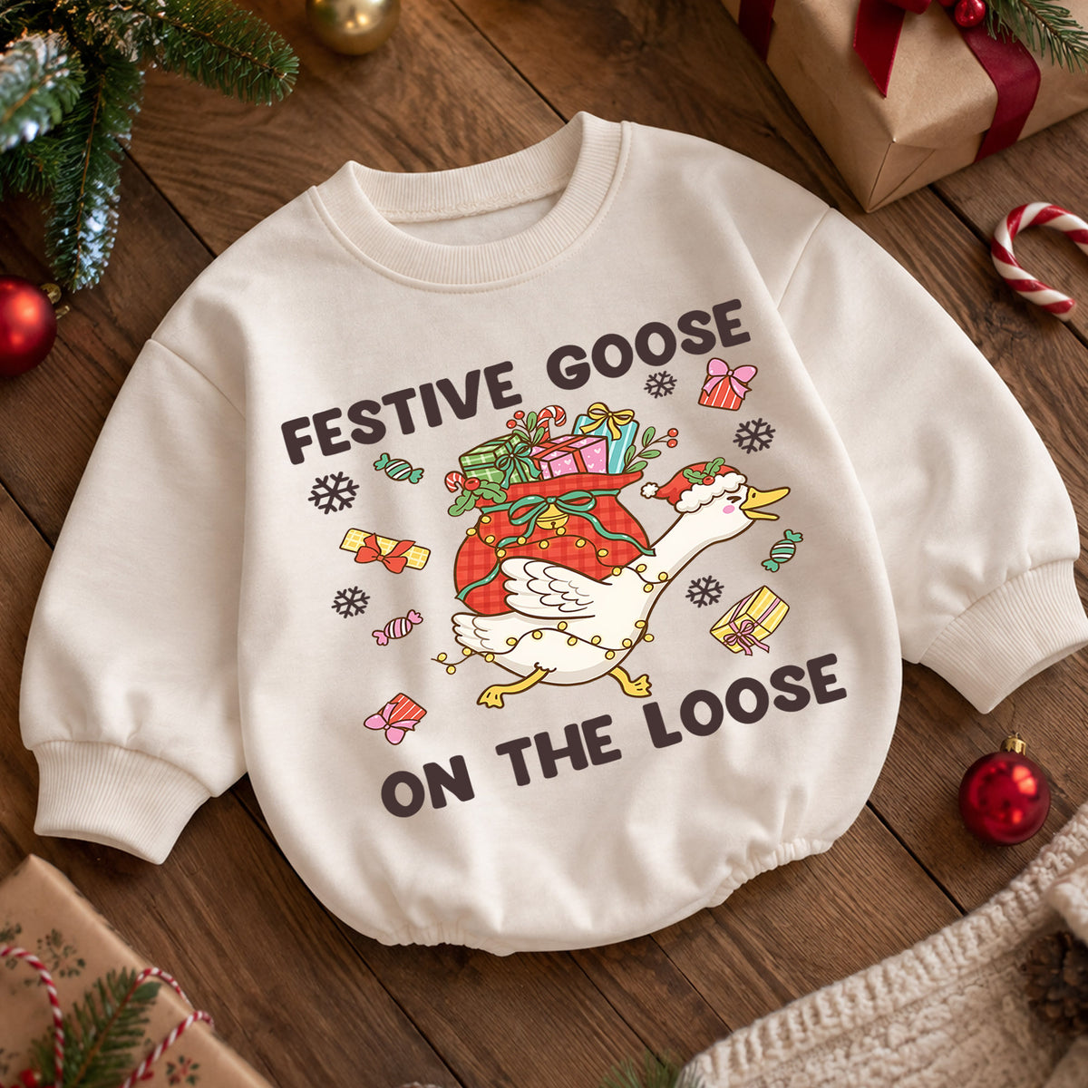 Festive Goose Baby Romper, Funny Christmas Goose Outfit, Holiday Romper for Toddler, Goose on the Loose Baby Xmas Gift — product view 5